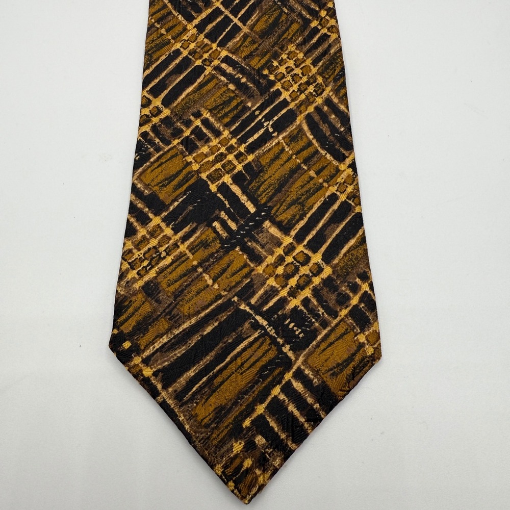 Ermenegildo Zegna Mens Silk Tie Gold Black Geometric Pattern Made in Italy